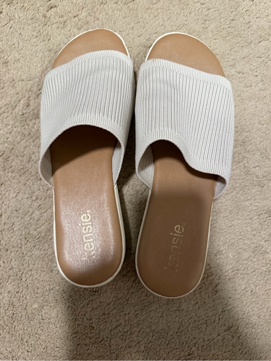 Kensie Shoes - Kensie Cream Knit Slide Mules with Tan Footbed